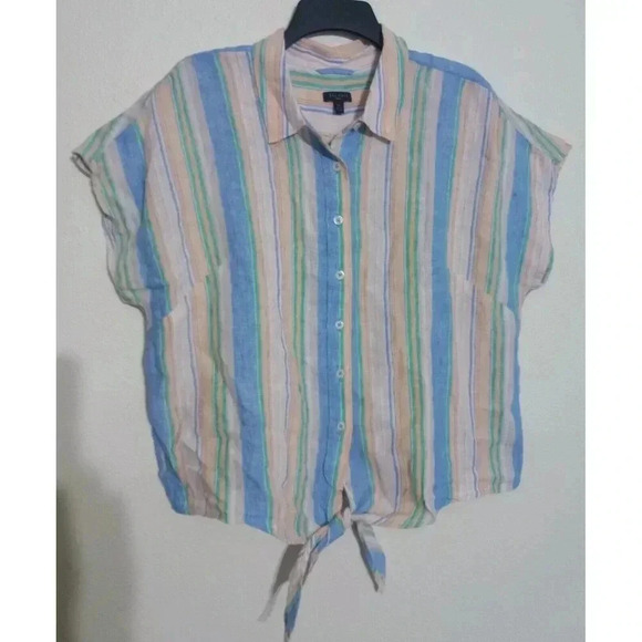 Talbots 100% Linen Tie‎ Hem Button Front Top Boxy Striped Petite XL - Picture 1 of 4